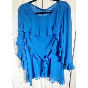 Chico's 3 Black Label Tunic Top XL Royal Blue Asymmetrical Romantic Sheer Ruffle